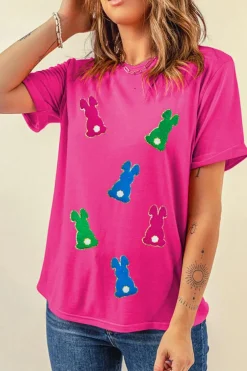 Outlet Dear-Lover Easter Rabbit Chenille Patched Pattern Crew Neck Tee Rose Red