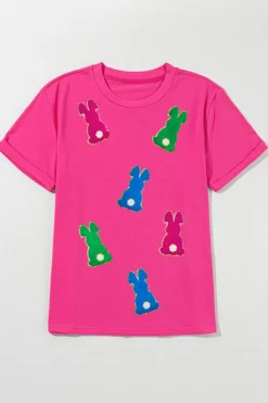 Outlet Dear-Lover Easter Rabbit Chenille Patched Pattern Crew Neck Tee Rose Red