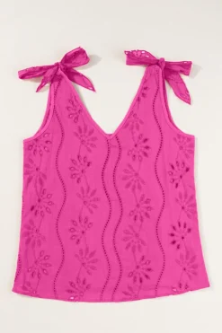 Outlet Dear-Lover Embroidery Patterned Knotted Straps V Neck Tank Top Rose Red