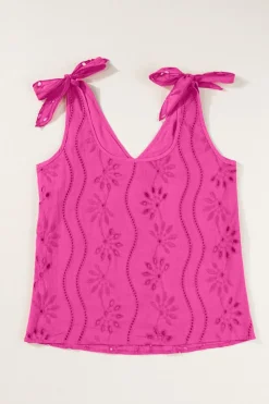 Outlet Dear-Lover Embroidery Patterned Knotted Straps V Neck Tank Top Rose Red