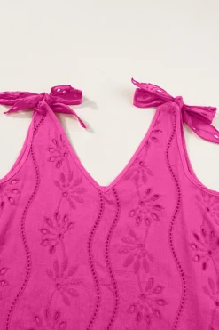 Outlet Dear-Lover Embroidery Patterned Knotted Straps V Neck Tank Top Rose Red