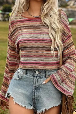 Hot Dear-Lover Ethnic Striped Wide Cropped Long Sleeve Top Rose Red