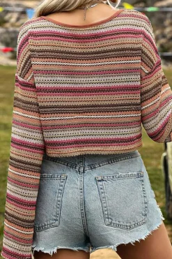 Hot Dear-Lover Ethnic Striped Wide Cropped Long Sleeve Top Rose Red
