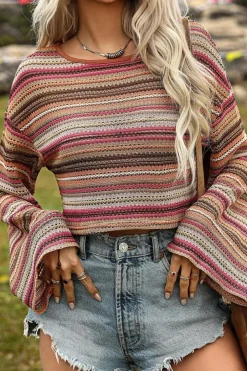 Hot Dear-Lover Ethnic Striped Wide Cropped Long Sleeve Top Rose Red