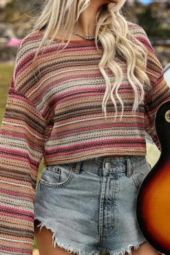 Hot Dear-Lover Ethnic Striped Wide Cropped Long Sleeve Top Rose Red