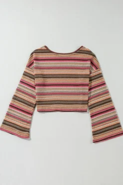 Hot Dear-Lover Ethnic Striped Wide Cropped Long Sleeve Top Rose Red