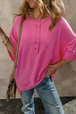 Clearance Dear-Lover Exposed Seam Button Neck Wide Sleeve Tunic Top Rose Red