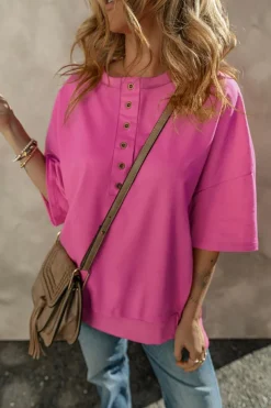 Clearance Dear-Lover Exposed Seam Button Neck Wide Sleeve Tunic Top Rose Red