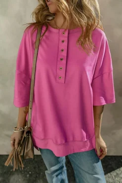 Clearance Dear-Lover Exposed Seam Button Neck Wide Sleeve Tunic Top Rose Red