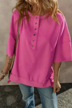 Clearance Dear-Lover Exposed Seam Button Neck Wide Sleeve Tunic Top Rose Red