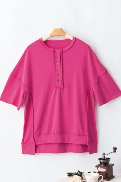 Clearance Dear-Lover Exposed Seam Button Neck Wide Sleeve Tunic Top Rose Red