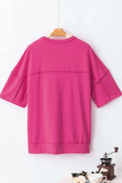 Clearance Dear-Lover Exposed Seam Button Neck Wide Sleeve Tunic Top Rose Red
