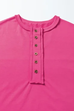 Clearance Dear-Lover Exposed Seam Button Neck Wide Sleeve Tunic Top Rose Red