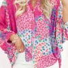 Outlet Dear-Lover Floral Allover Print Buttoned V Neck Oversized Shirt Rose Red