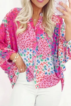 Outlet Dear-Lover Floral Allover Print Buttoned V Neck Oversized Shirt Rose Red