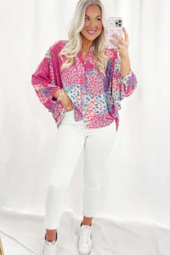 Outlet Dear-Lover Floral Allover Print Buttoned V Neck Oversized Shirt Rose Red