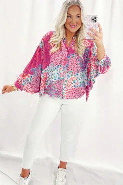 Outlet Dear-Lover Floral Allover Print Buttoned V Neck Oversized Shirt Rose Red