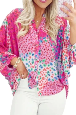 Outlet Dear-Lover Floral Allover Print Buttoned V Neck Oversized Shirt Rose Red
