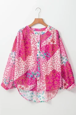 Outlet Dear-Lover Floral Allover Print Buttoned V Neck Oversized Shirt Rose Red