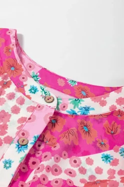 Outlet Dear-Lover Floral Allover Print Buttoned V Neck Oversized Shirt Rose Red