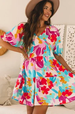 Hot Dear-Lover Floral Bubble Sleeve V Neck Tiered Ruffle Babydoll Dress Rose Red