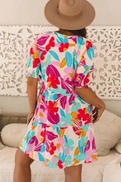Hot Dear-Lover Floral Bubble Sleeve V Neck Tiered Ruffle Babydoll Dress Rose Red
