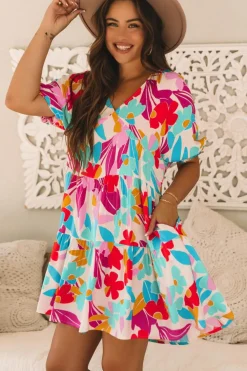 Hot Dear-Lover Floral Bubble Sleeve V Neck Tiered Ruffle Babydoll Dress Rose Red