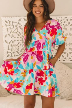 Hot Dear-Lover Floral Bubble Sleeve V Neck Tiered Ruffle Babydoll Dress Rose Red