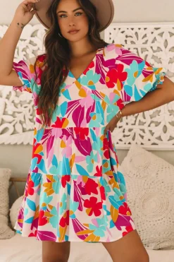 Hot Dear-Lover Floral Bubble Sleeve V Neck Tiered Ruffle Babydoll Dress Rose Red