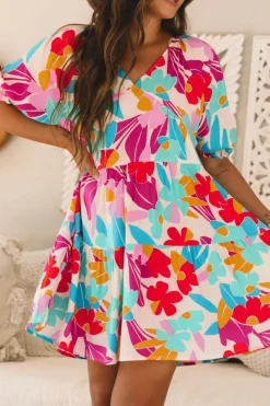Hot Dear-Lover Floral Bubble Sleeve V Neck Tiered Ruffle Babydoll Dress Rose Red