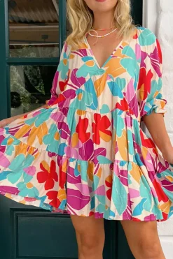 Hot Dear-Lover Floral Bubble Sleeve V Neck Tiered Ruffle Babydoll Dress Rose Red
