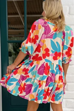 Hot Dear-Lover Floral Bubble Sleeve V Neck Tiered Ruffle Babydoll Dress Rose Red