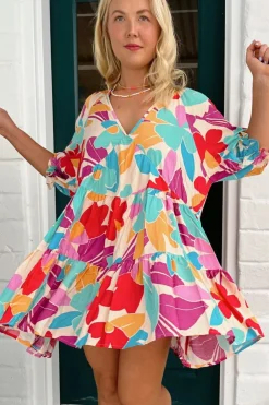 Hot Dear-Lover Floral Bubble Sleeve V Neck Tiered Ruffle Babydoll Dress Rose Red