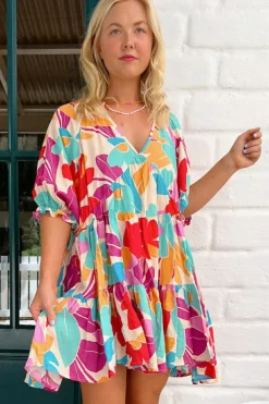 Hot Dear-Lover Floral Bubble Sleeve V Neck Tiered Ruffle Babydoll Dress Rose Red