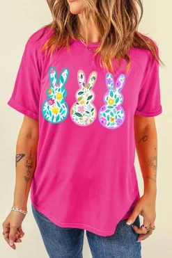 Discount Dear-Lover Floral Easter Bunny Graphic Crew Neck Easter Tee Rose Red