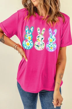 Discount Dear-Lover Floral Easter Bunny Graphic Crew Neck Easter Tee Rose Red