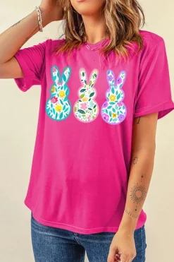 Discount Dear-Lover Floral Easter Bunny Graphic Crew Neck Easter Tee Rose Red