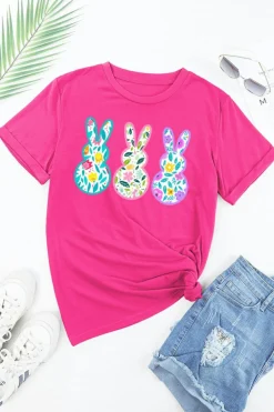 Discount Dear-Lover Floral Easter Bunny Graphic Crew Neck Easter Tee Rose Red