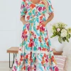 Fashion Dear-Lover Floral Knot Puff Sleeve V Neck Buttoned Front Split Lace Maxi Dress Rose Red