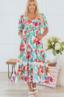 Fashion Dear-Lover Floral Knot Puff Sleeve V Neck Buttoned Front Split Lace Maxi Dress Rose Red