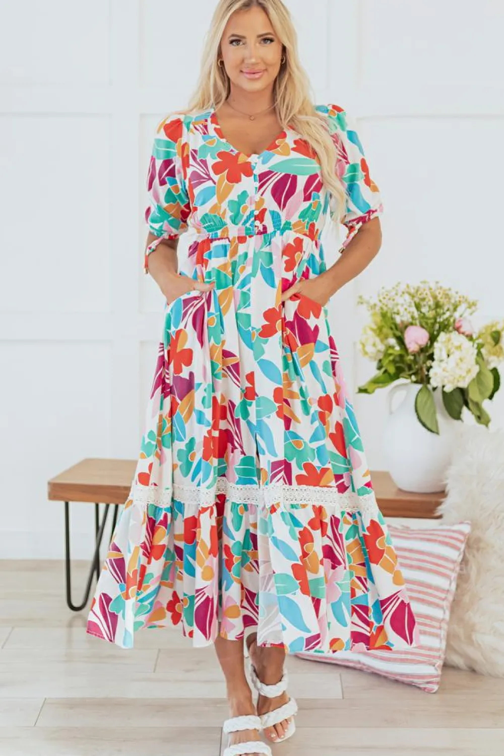 Fashion Dear-Lover Floral Knot Puff Sleeve V Neck Buttoned Front Split Lace Maxi Dress Rose Red