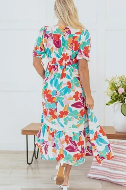 Fashion Dear-Lover Floral Knot Puff Sleeve V Neck Buttoned Front Split Lace Maxi Dress Rose Red