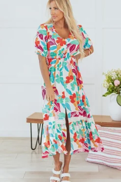 Fashion Dear-Lover Floral Knot Puff Sleeve V Neck Buttoned Front Split Lace Maxi Dress Rose Red