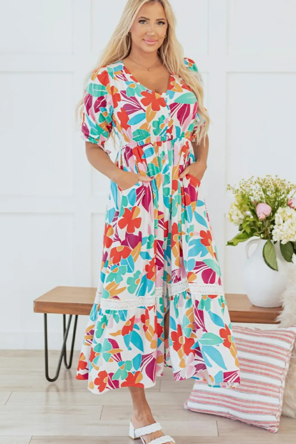 Fashion Dear-Lover Floral Knot Puff Sleeve V Neck Buttoned Front Split Lace Maxi Dress Rose Red
