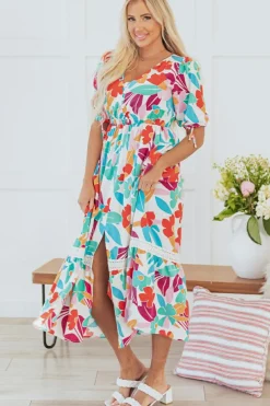 Fashion Dear-Lover Floral Knot Puff Sleeve V Neck Buttoned Front Split Lace Maxi Dress Rose Red