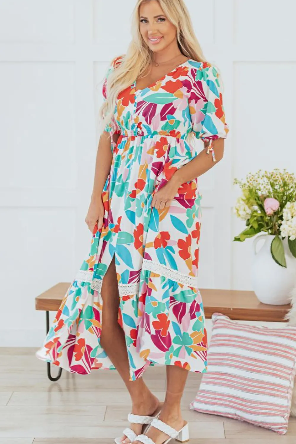Fashion Dear-Lover Floral Knot Puff Sleeve V Neck Buttoned Front Split Lace Maxi Dress Rose Red