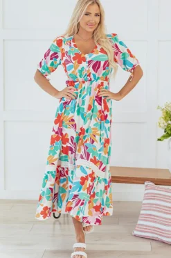 Fashion Dear-Lover Floral Knot Puff Sleeve V Neck Buttoned Front Split Lace Maxi Dress Rose Red