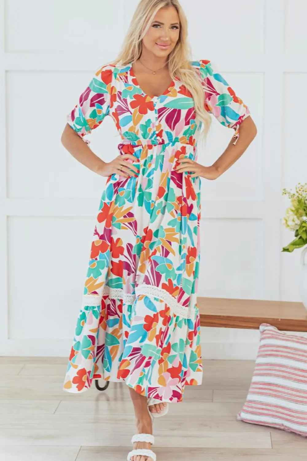 Fashion Dear-Lover Floral Knot Puff Sleeve V Neck Buttoned Front Split Lace Maxi Dress Rose Red