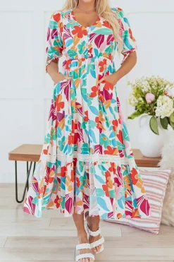 Fashion Dear-Lover Floral Knot Puff Sleeve V Neck Buttoned Front Split Lace Maxi Dress Rose Red