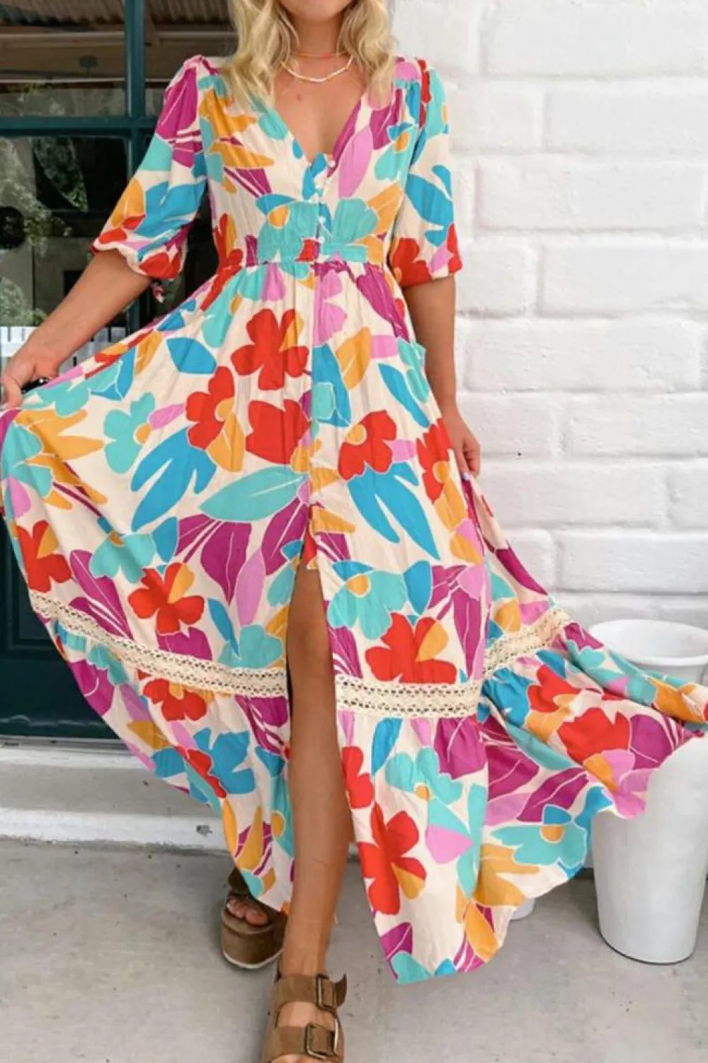 Fashion Dear-Lover Floral Knot Puff Sleeve V Neck Buttoned Front Split Lace Maxi Dress Rose Red